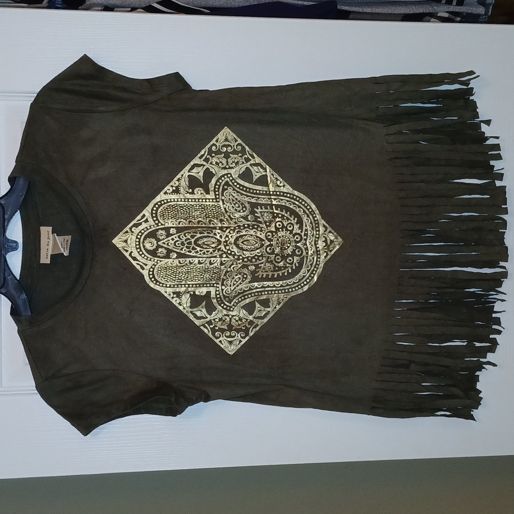 Belle Du Jour Suede Fringe Green Shirt Women's Medium